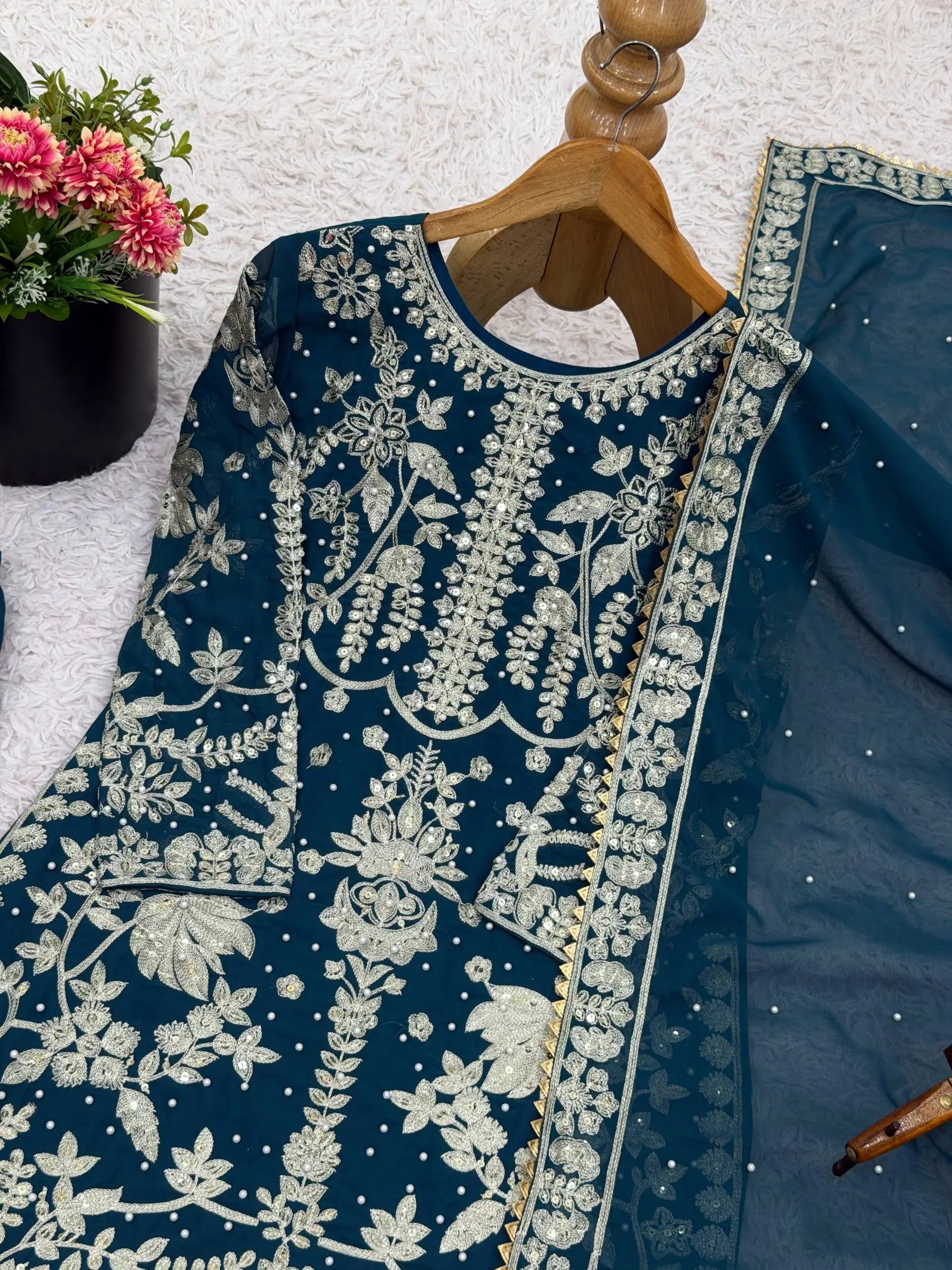 Embroidered Faux Georgette Kurta Sharara Set