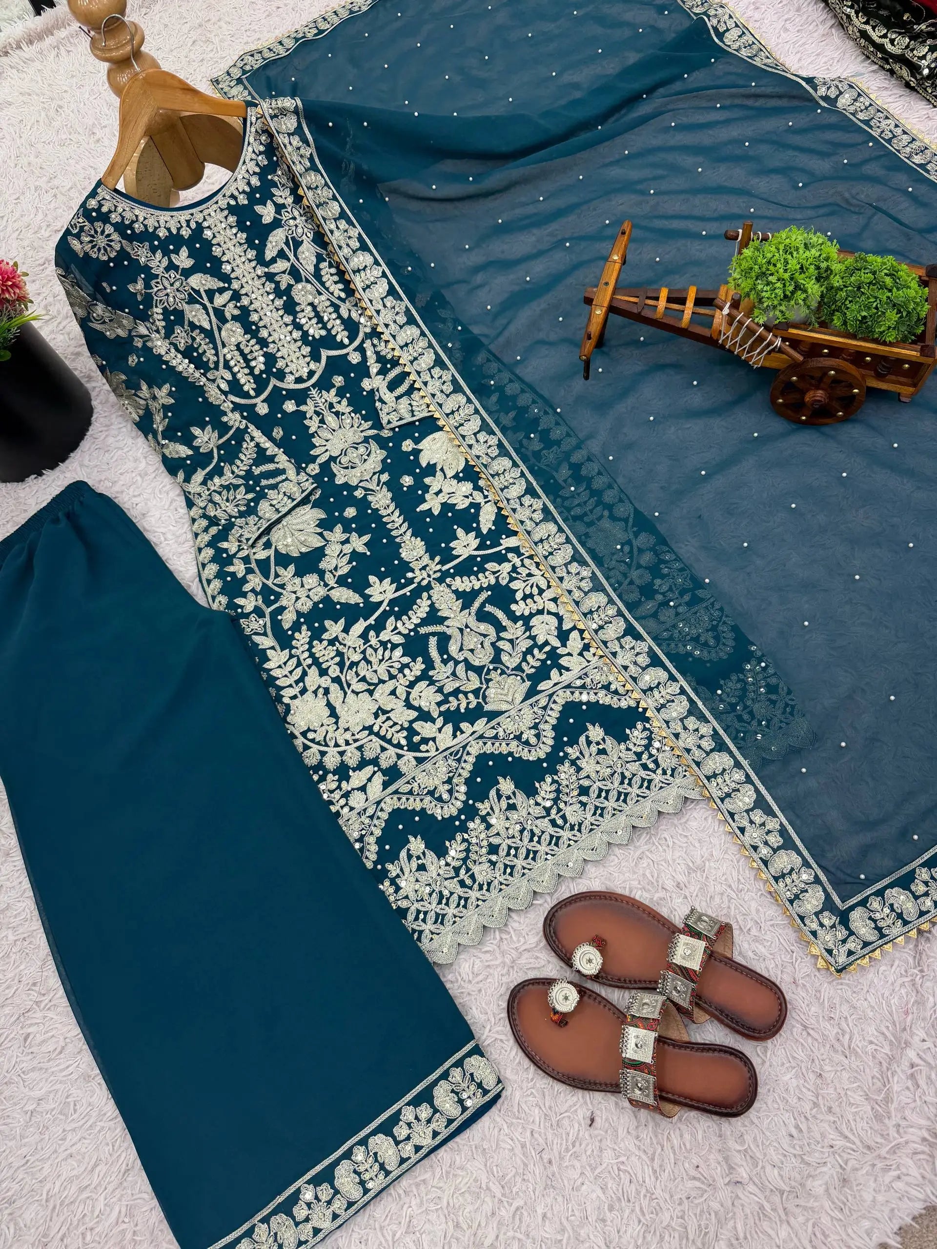 Embroidered Faux Georgette Kurta Sharara Set