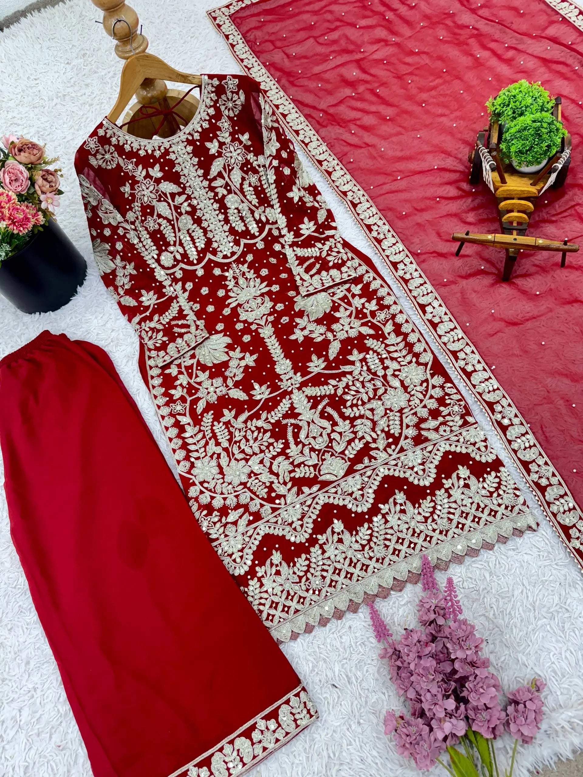 Embroidered Faux Georgette Kurta Sharara Set