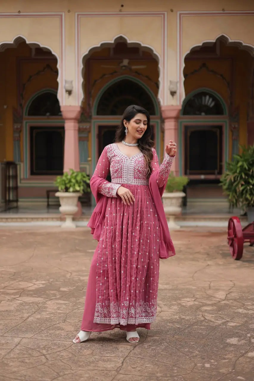 Embroidered Faux Georgette Kurti Palazzo Set