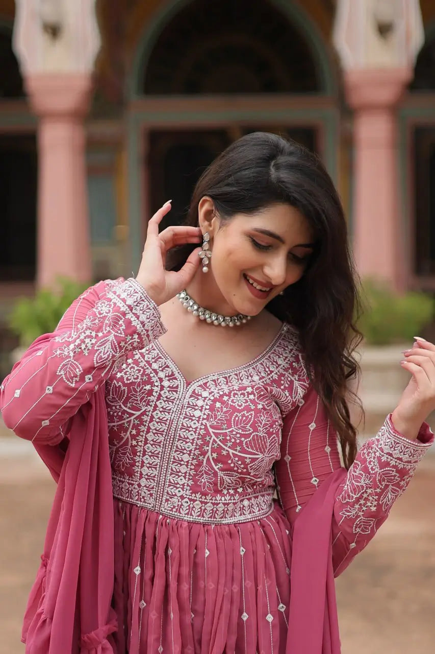 Embroidered Faux Georgette Kurti Palazzo Set