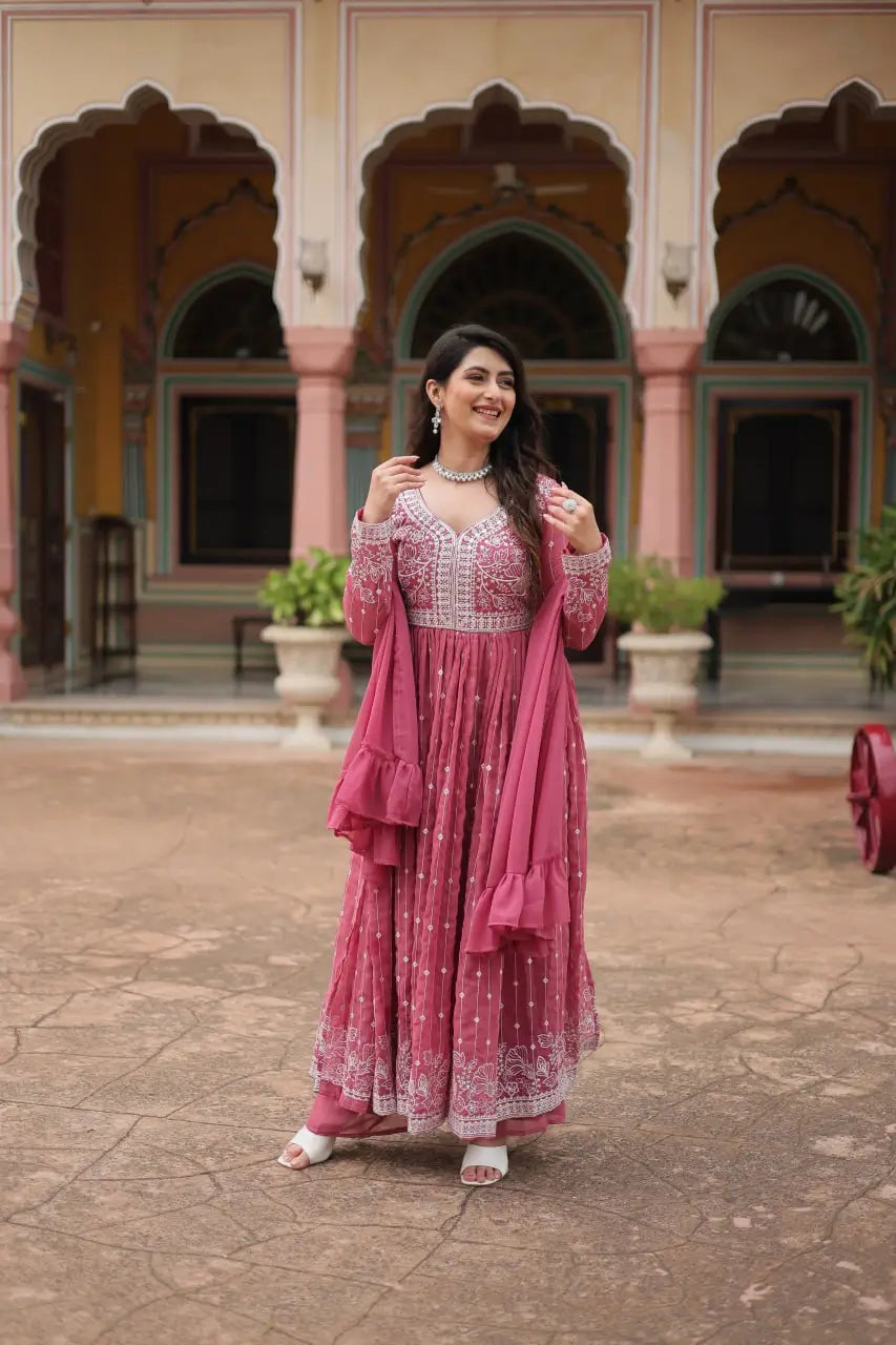 Embroidered Faux Georgette Kurti Palazzo Set