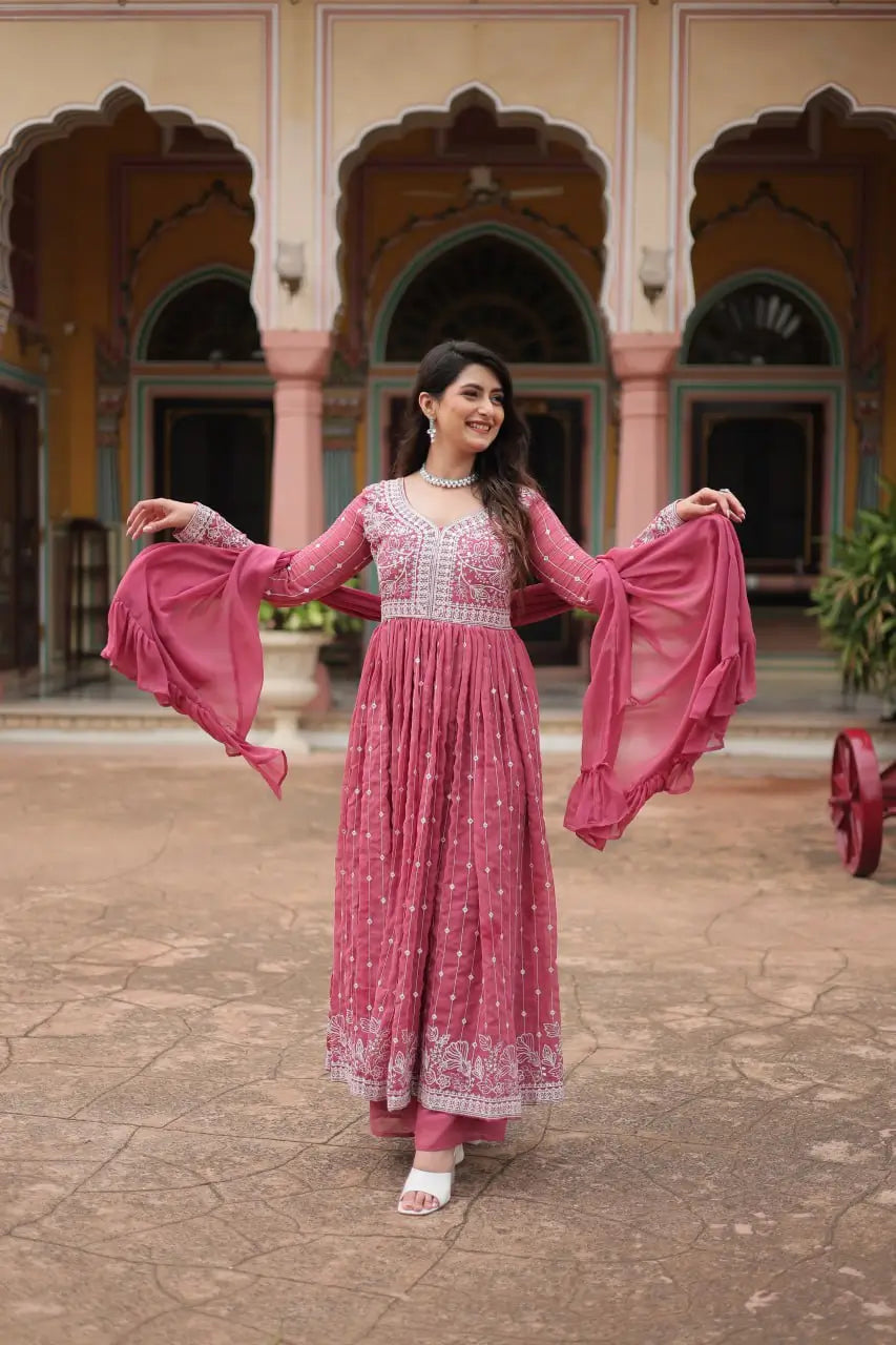 Embroidered Faux Georgette Kurti Palazzo Set