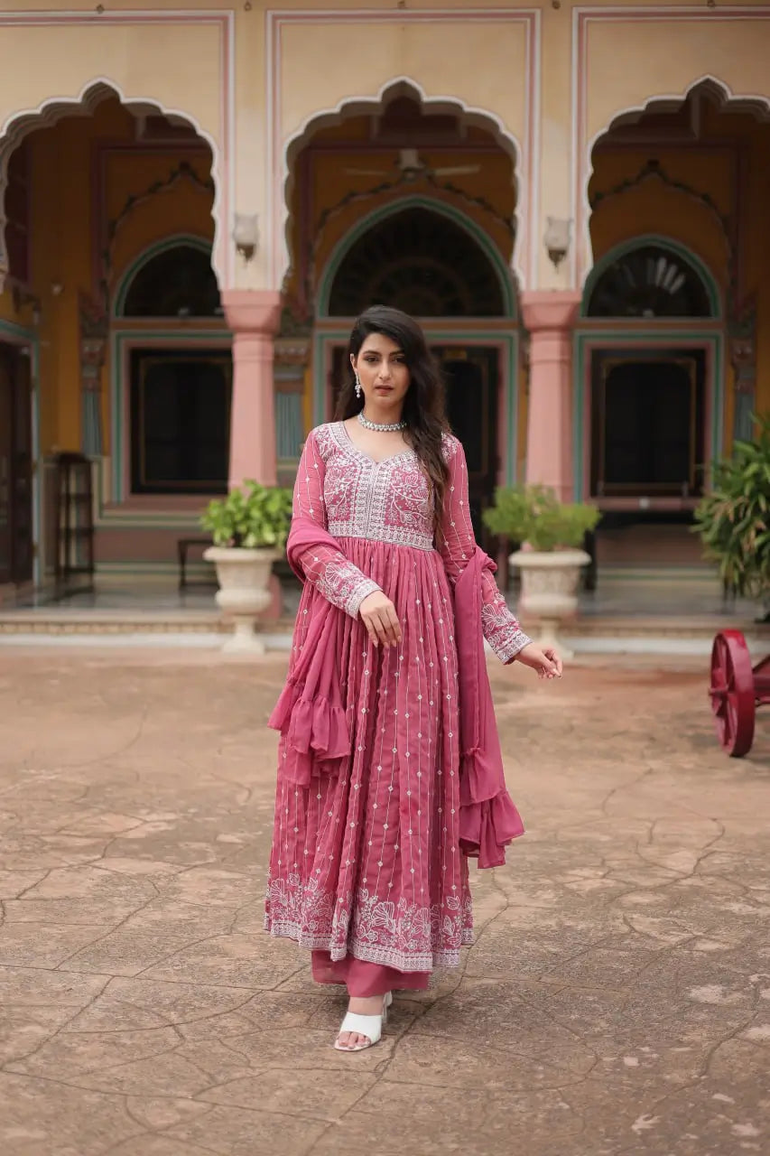 Embroidered Faux Georgette Kurti Palazzo Set