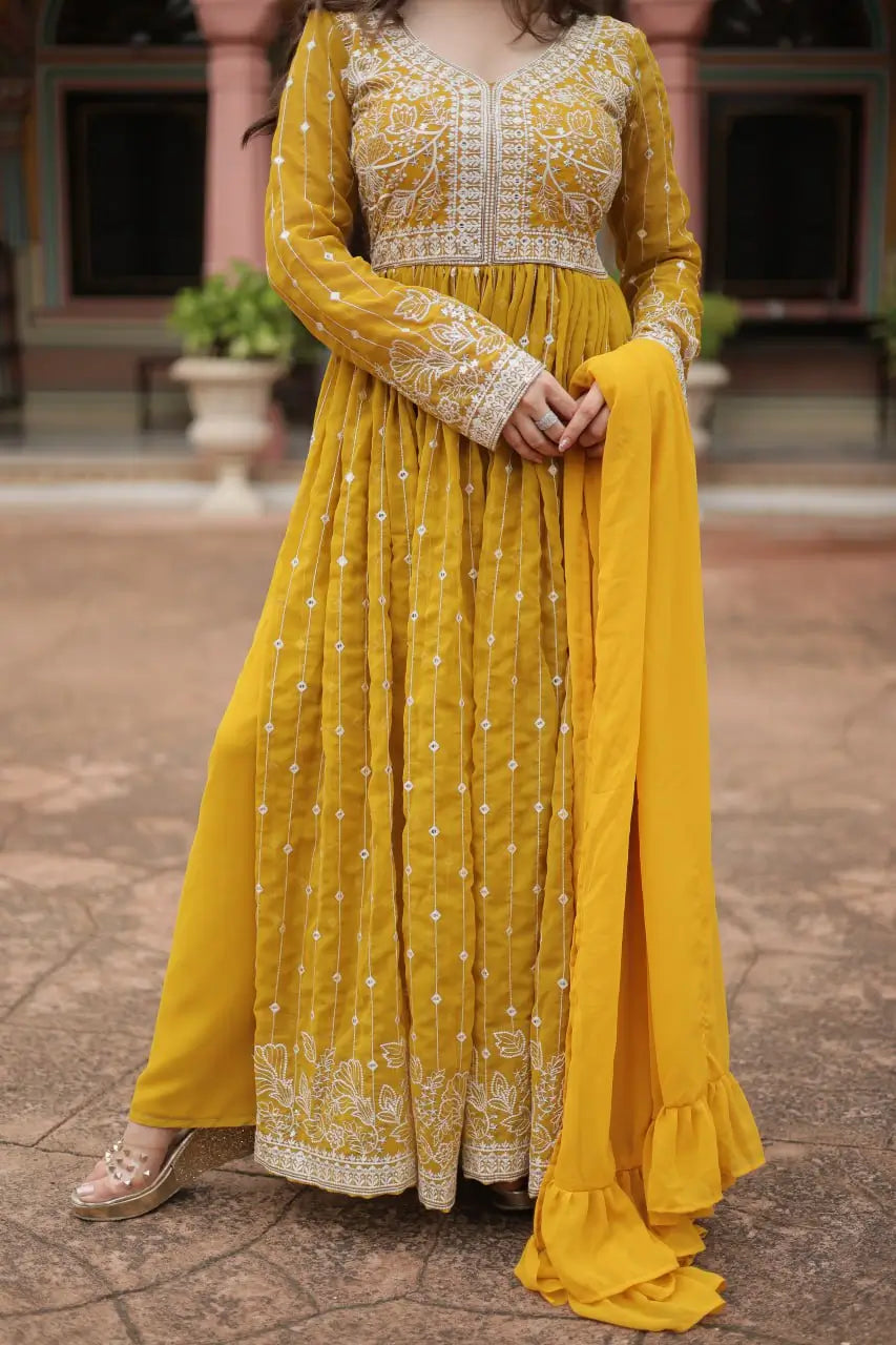 Embroidered Faux Georgette Kurti Palazzo Set