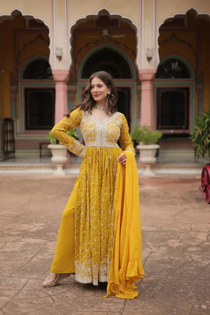 Embroidered Faux Georgette Kurti Palazzo Set