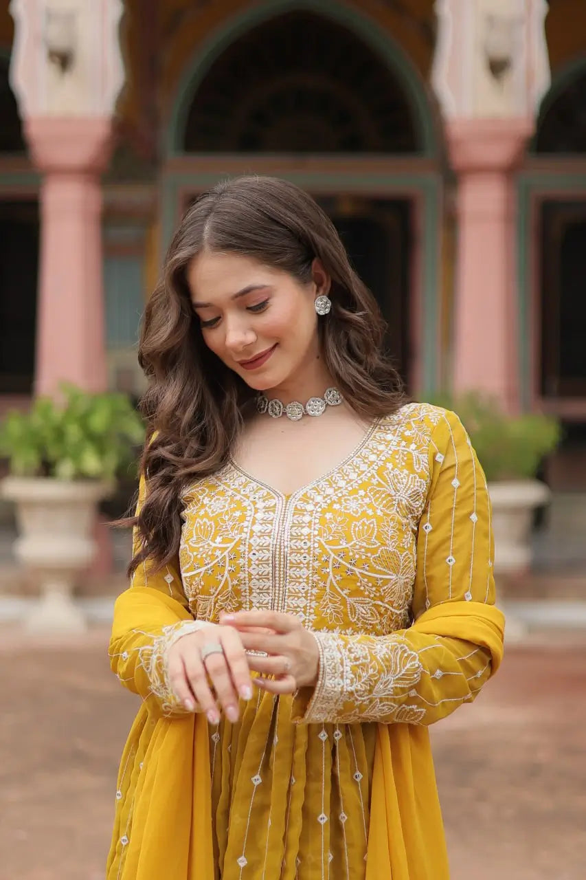 Embroidered Faux Georgette Kurti Palazzo Set