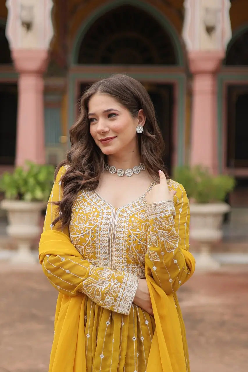 Embroidered Faux Georgette Kurti Palazzo Set