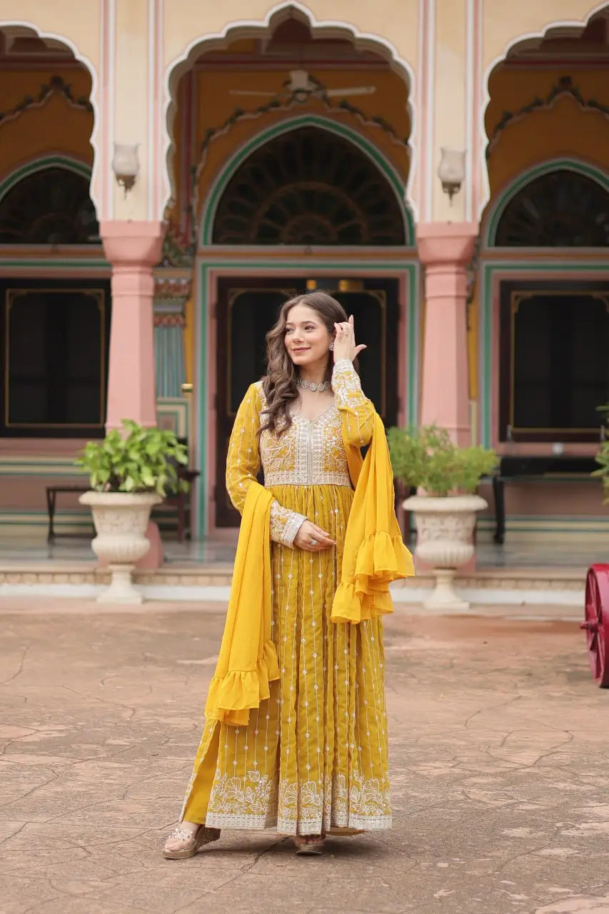 Embroidered Faux Georgette Kurti Palazzo Set