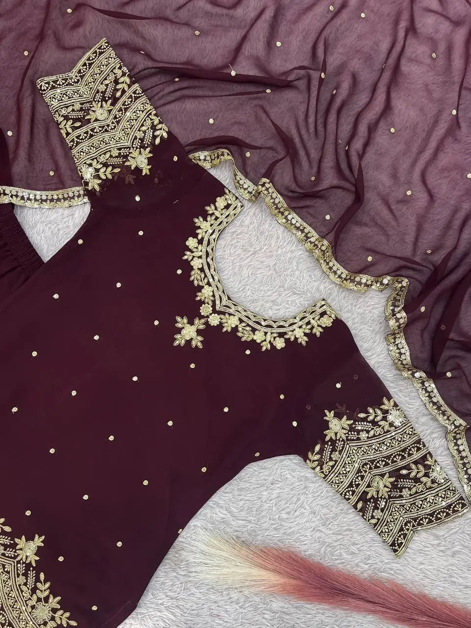 Embroidered Faux Georgette Kurti Palazzo Set With Dupatta