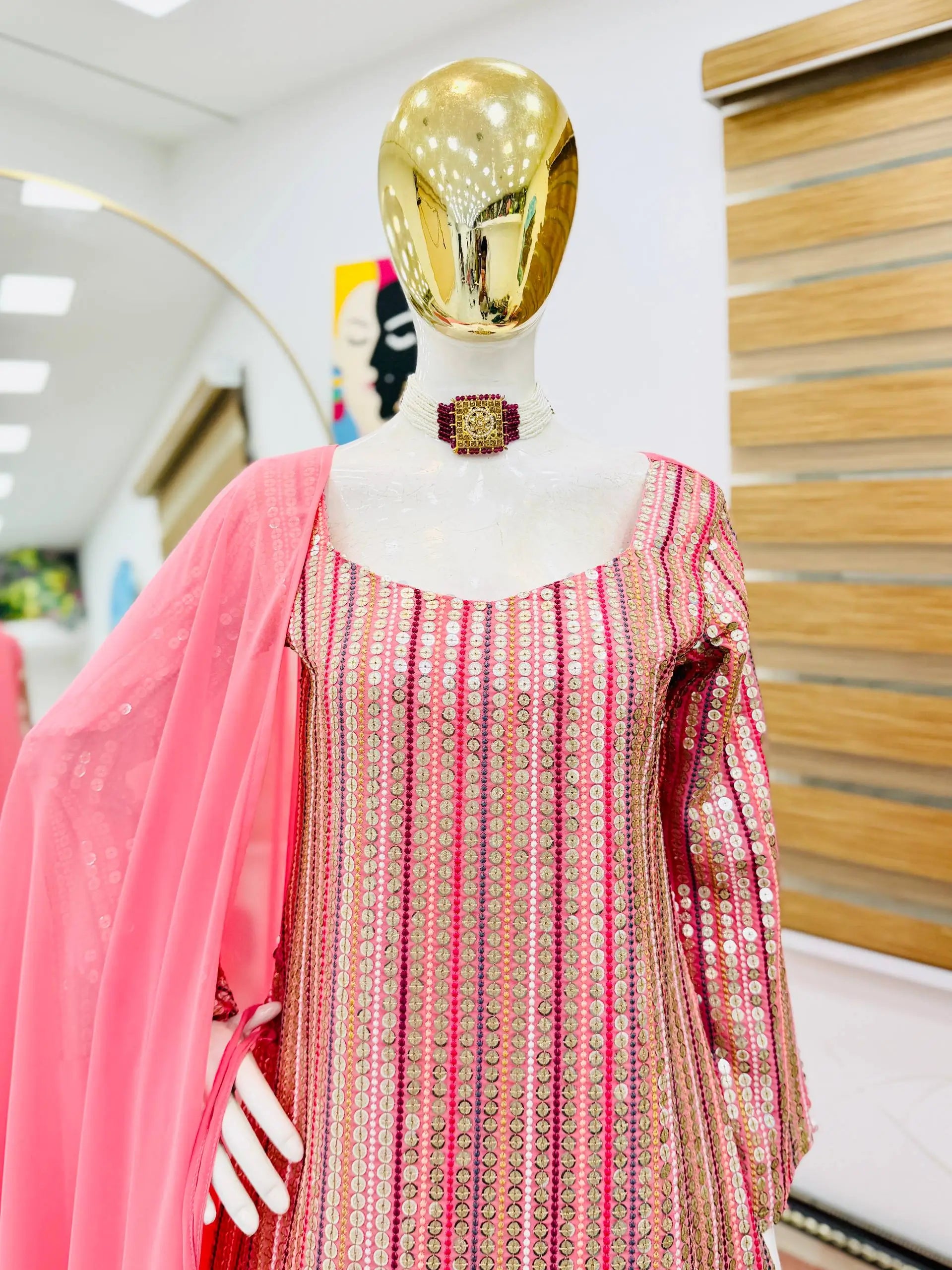 Embroidered Faux Georgette Kurti Palazzo Set With Dupatta