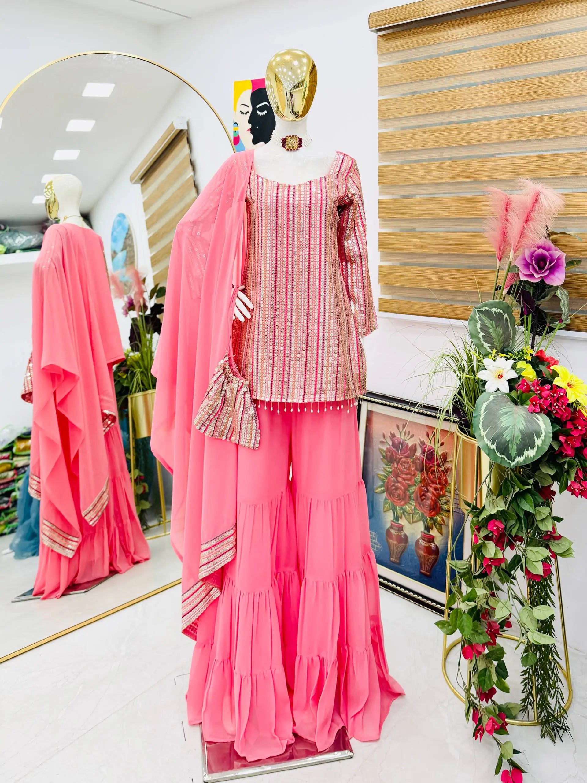 Embroidered Faux Georgette Kurti Palazzo Set With Dupatta