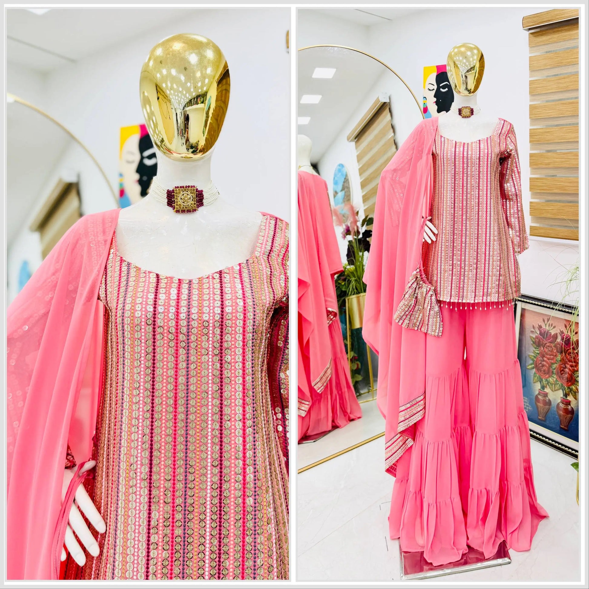 Embroidered Faux Georgette Kurti Palazzo Set With Dupatta