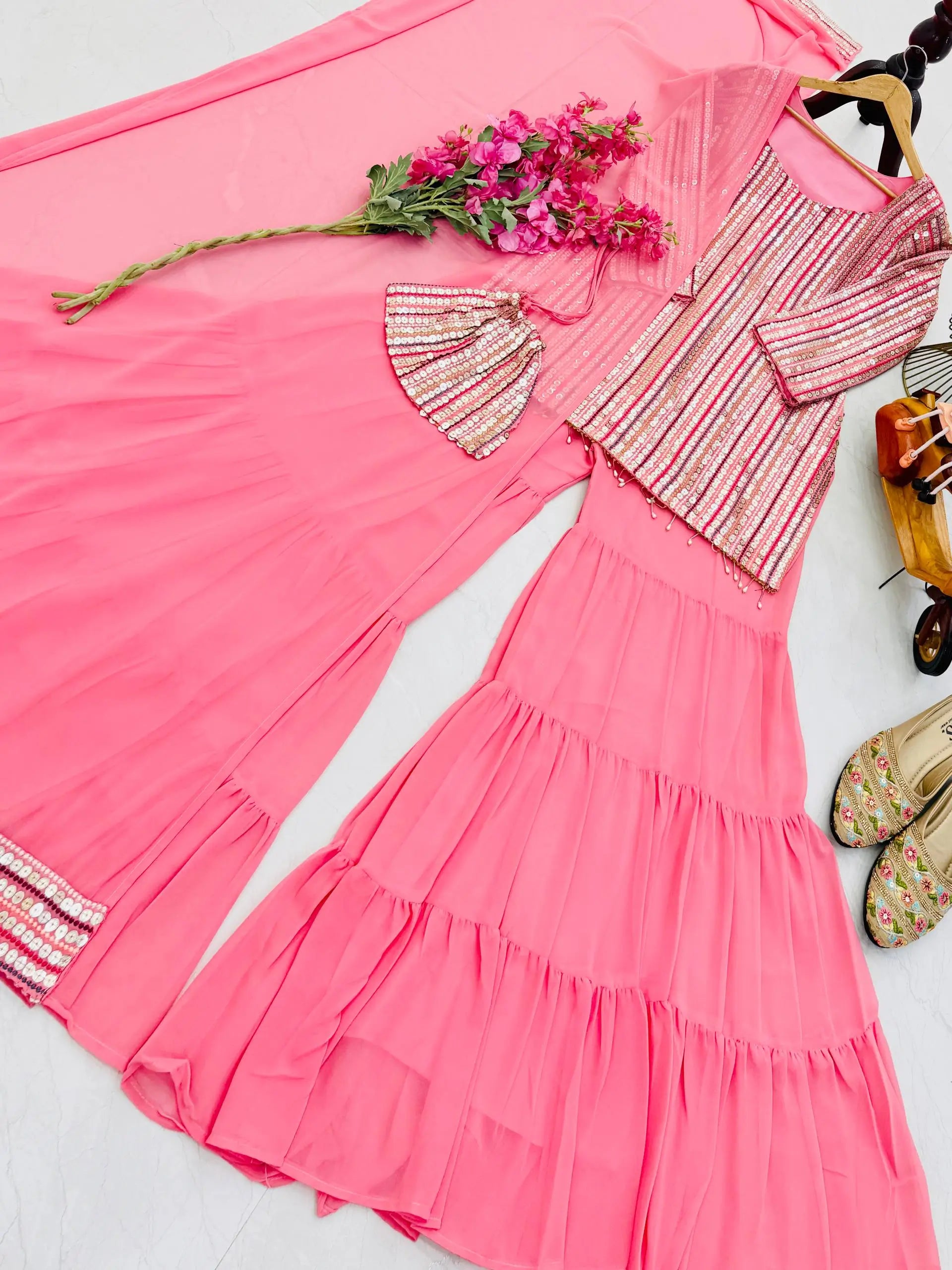 Embroidered Faux Georgette Kurti Palazzo Set With Dupatta