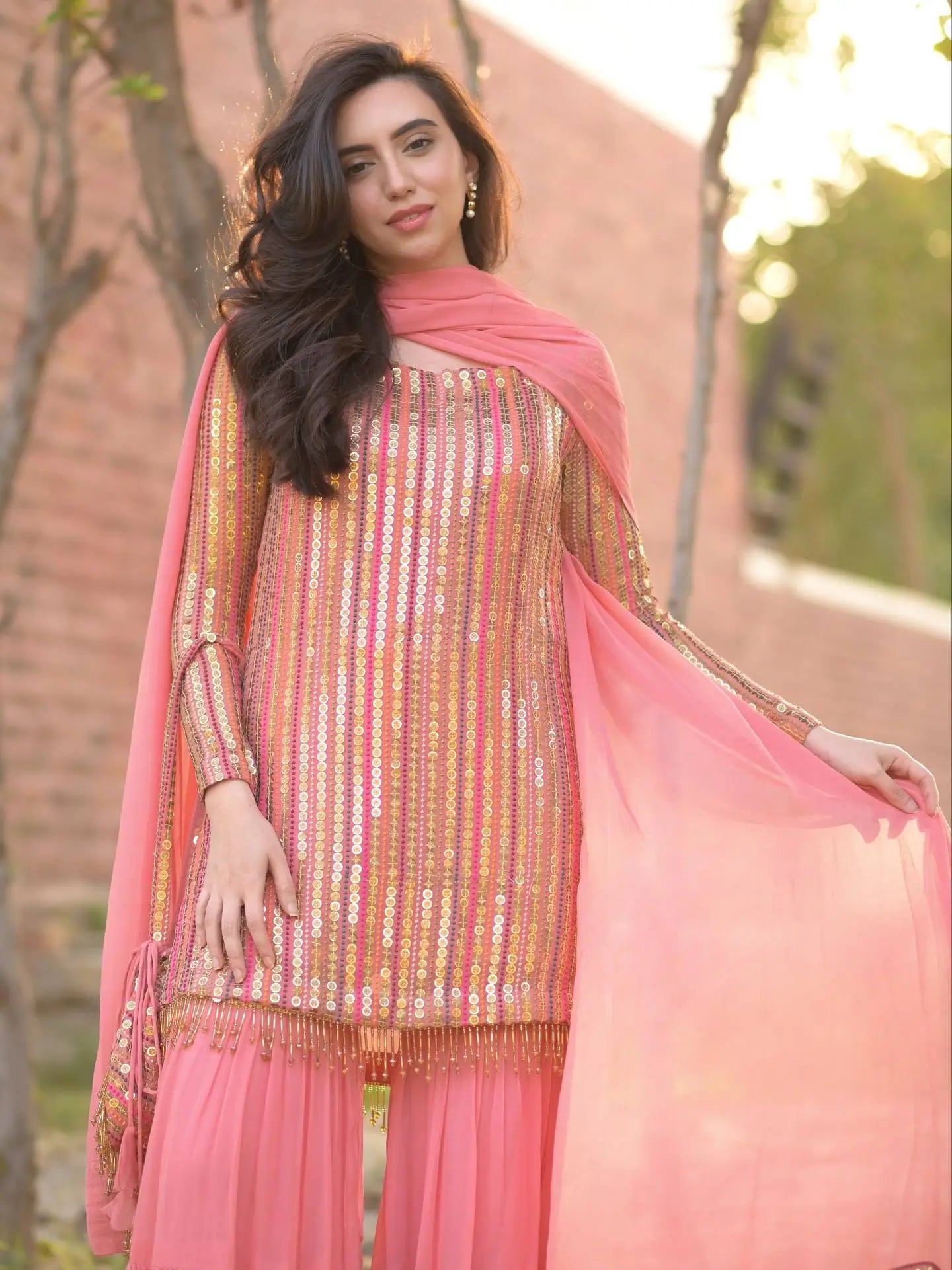 Embroidered Faux Georgette Kurti Palazzo Set With Dupatta