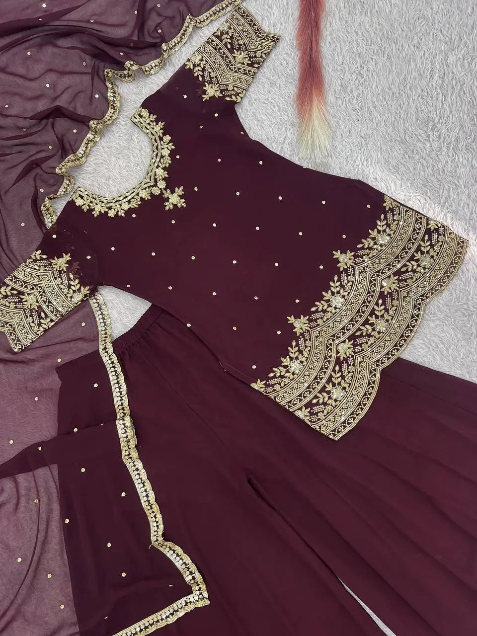 Embroidered Faux Georgette Kurti Palazzo Set With Dupatta