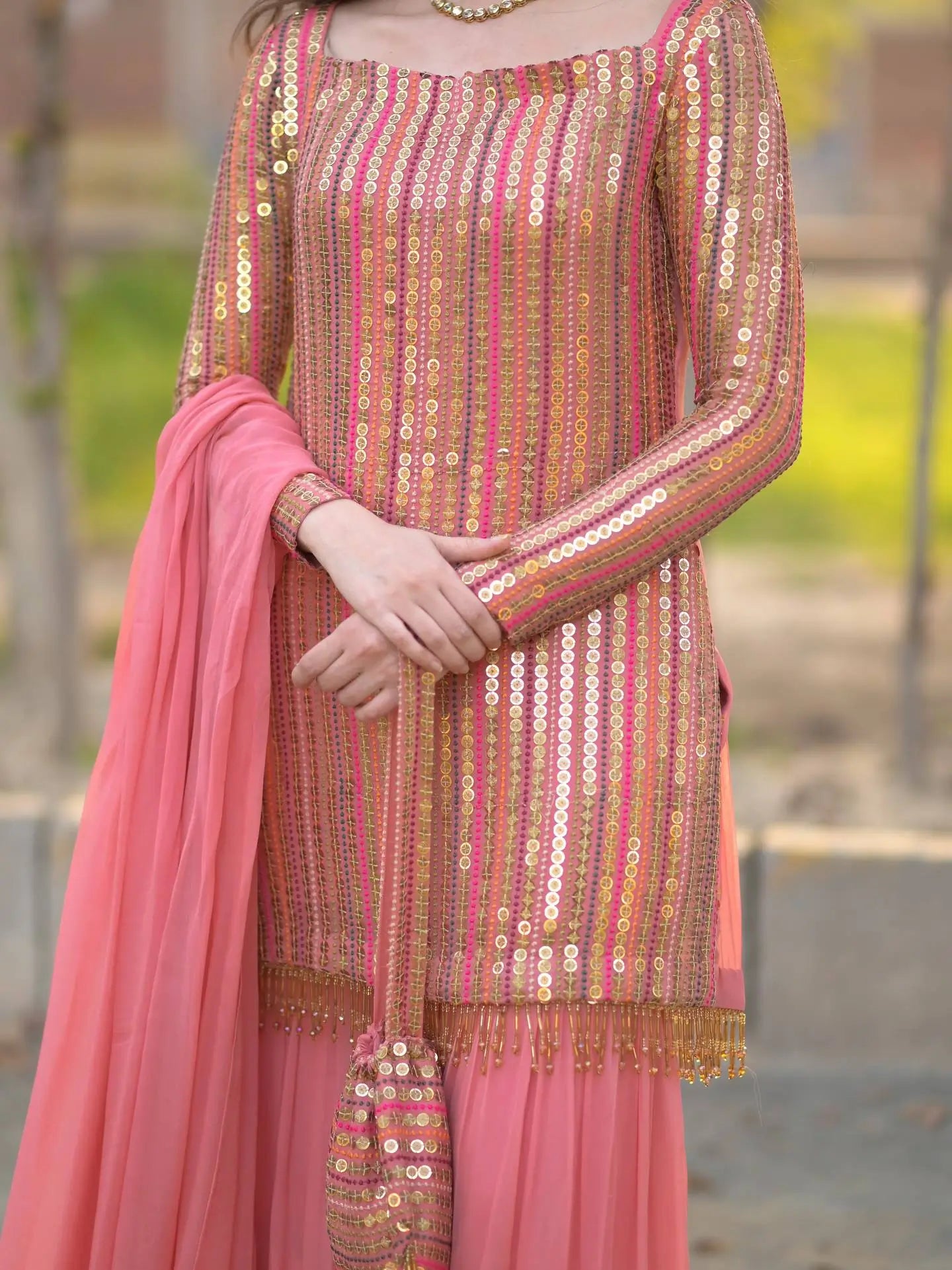 Embroidered Faux Georgette Kurti Palazzo Set With Dupatta