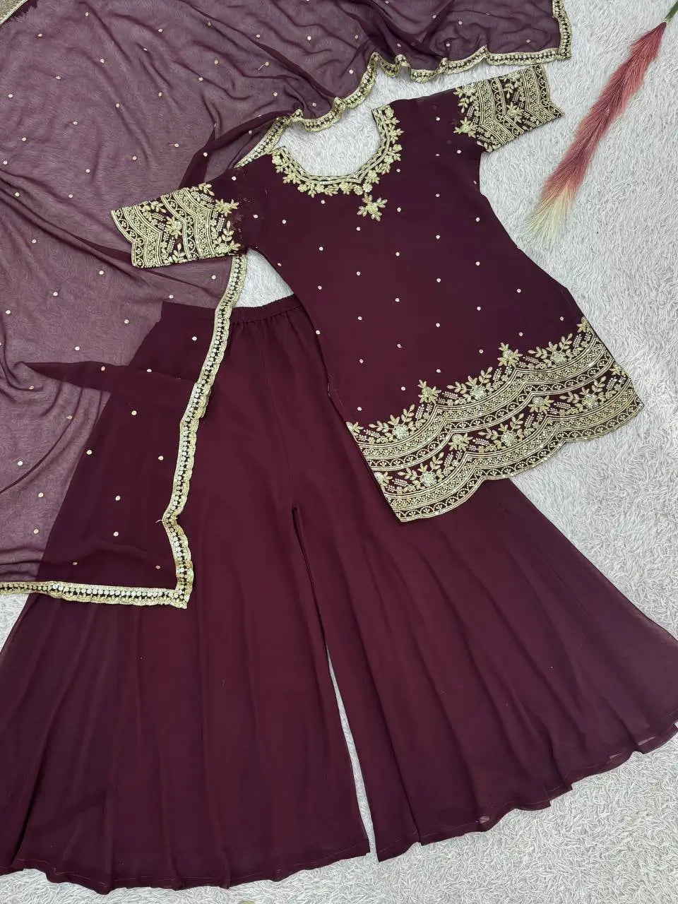 Embroidered Faux Georgette Kurti Palazzo Set With Dupatta