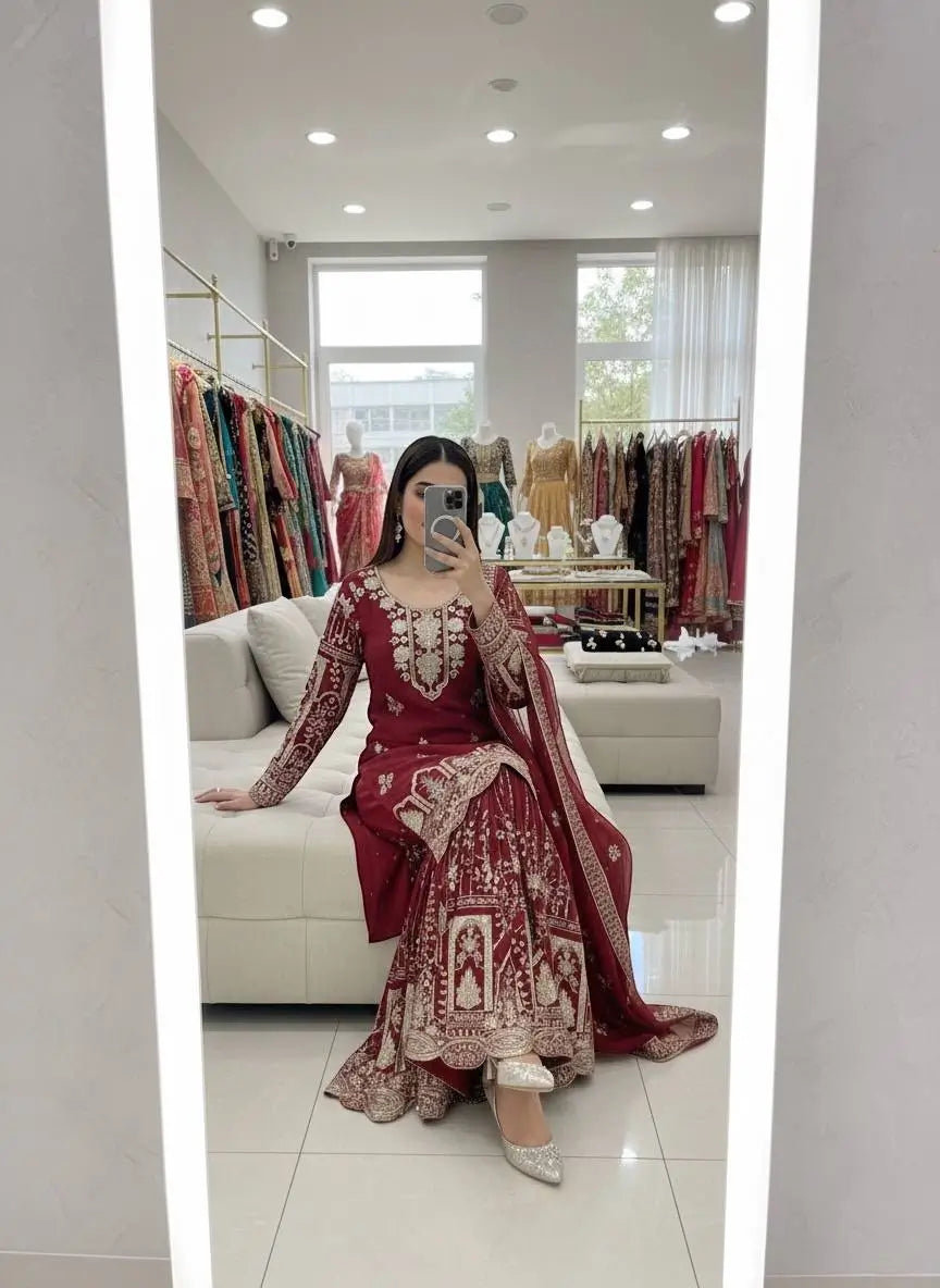 Embroidered Faux Georgette Kurti Palazzo Set With Dupatta