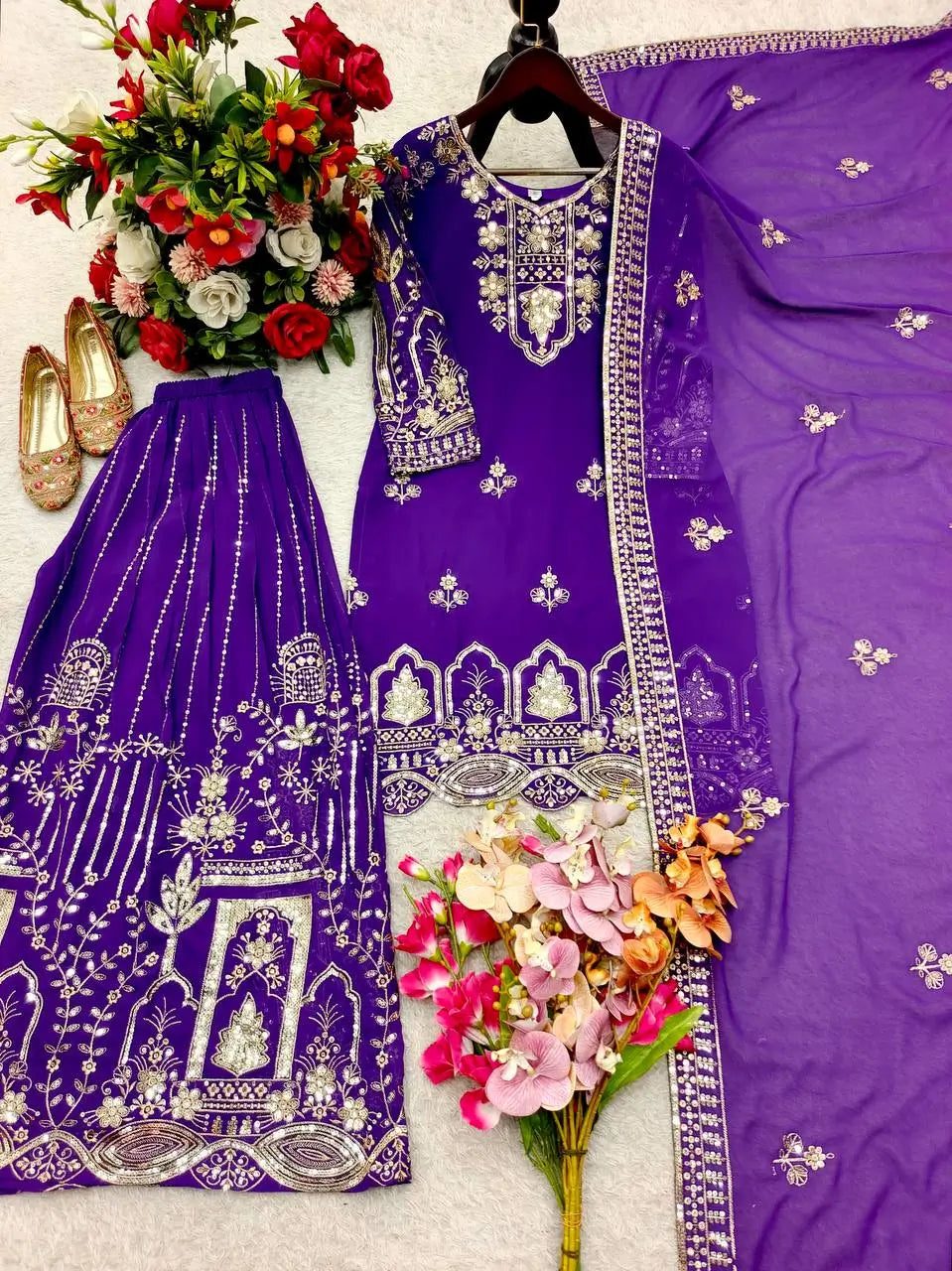 Embroidered Faux Georgette Kurti Palazzo Set With Dupatta