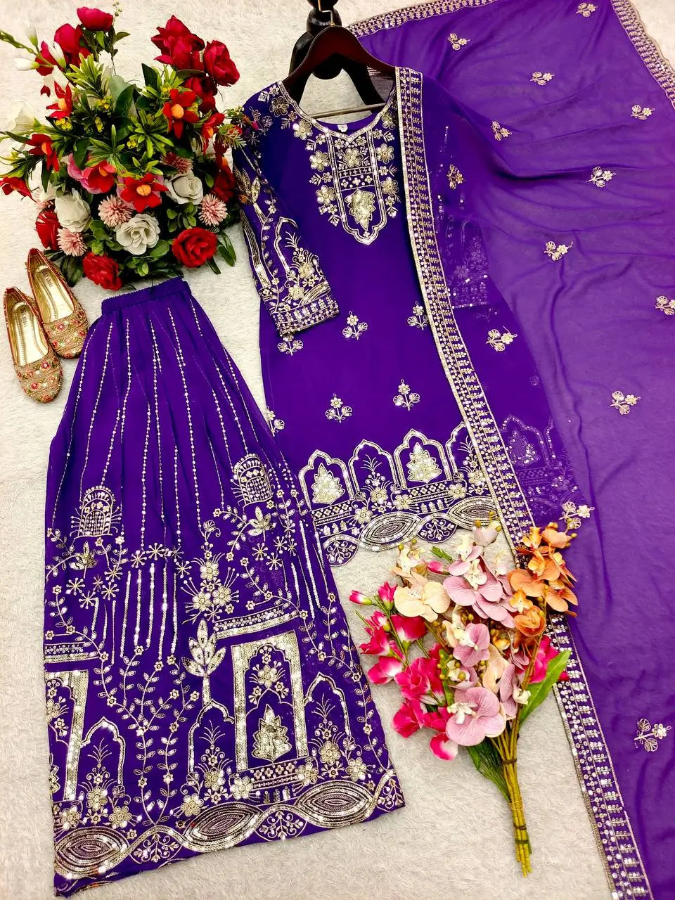 Embroidered Faux Georgette Kurti Palazzo Set With Dupatta