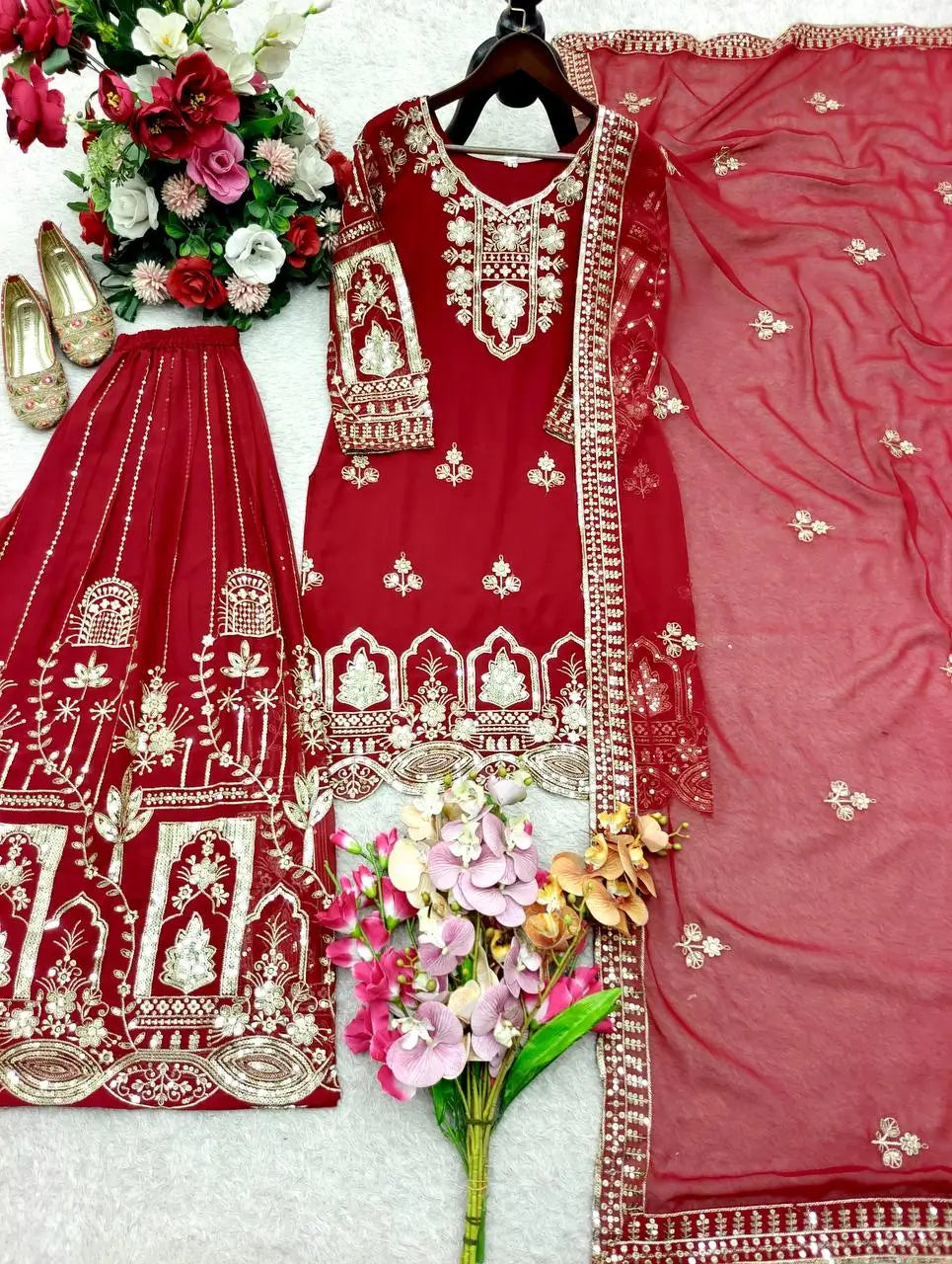 Embroidered Faux Georgette Kurti Palazzo Set With Dupatta
