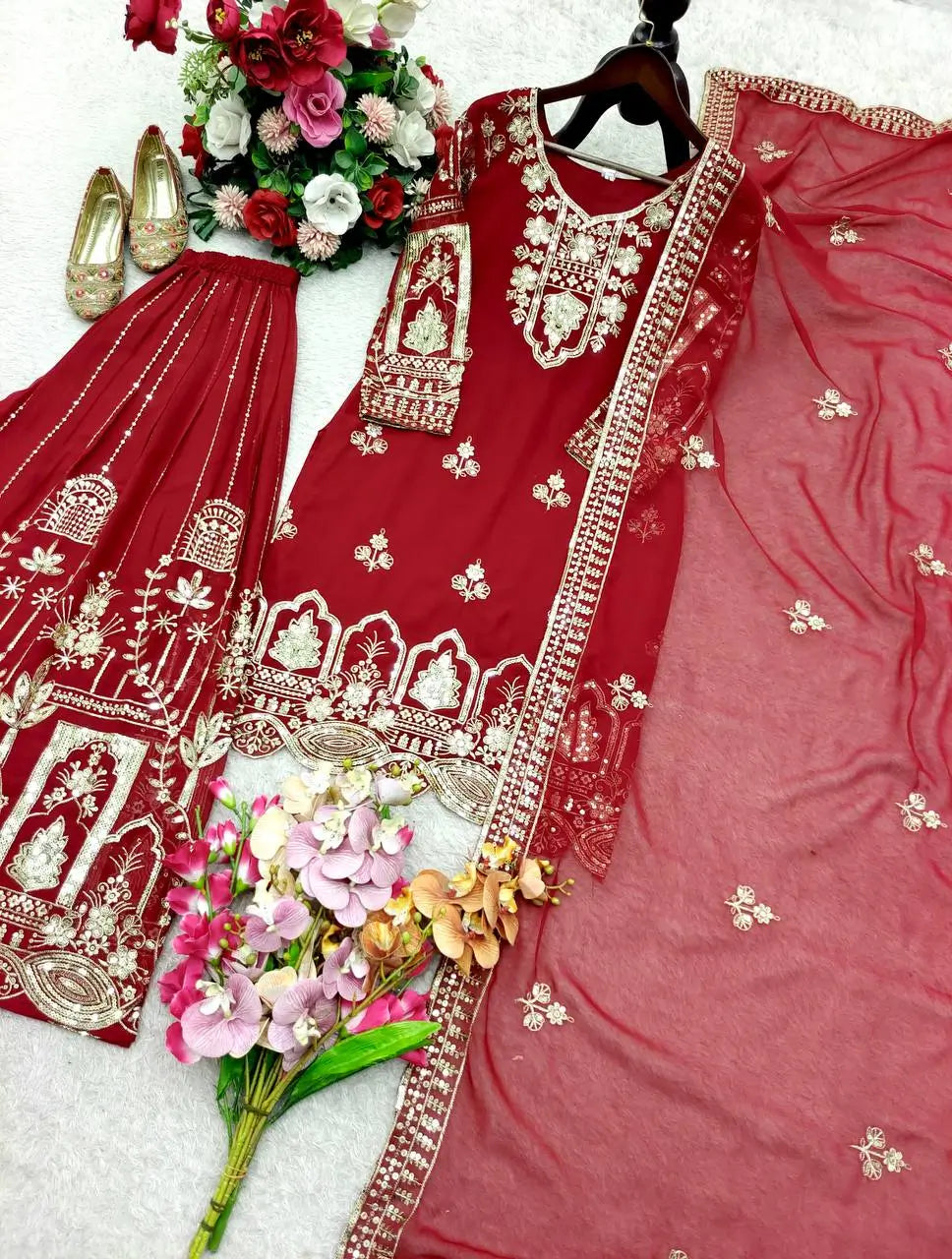Embroidered Faux Georgette Kurti Palazzo Set With Dupatta