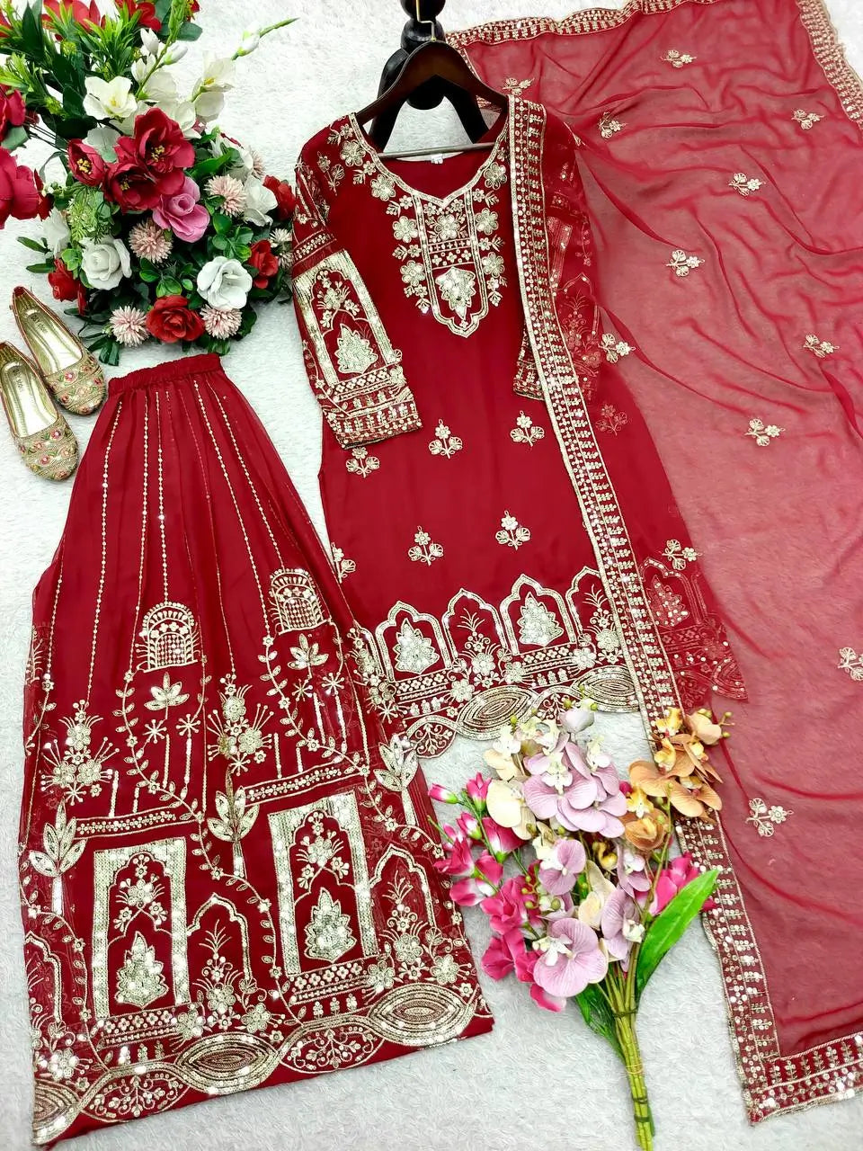 Embroidered Faux Georgette Kurti Palazzo Set With Dupatta