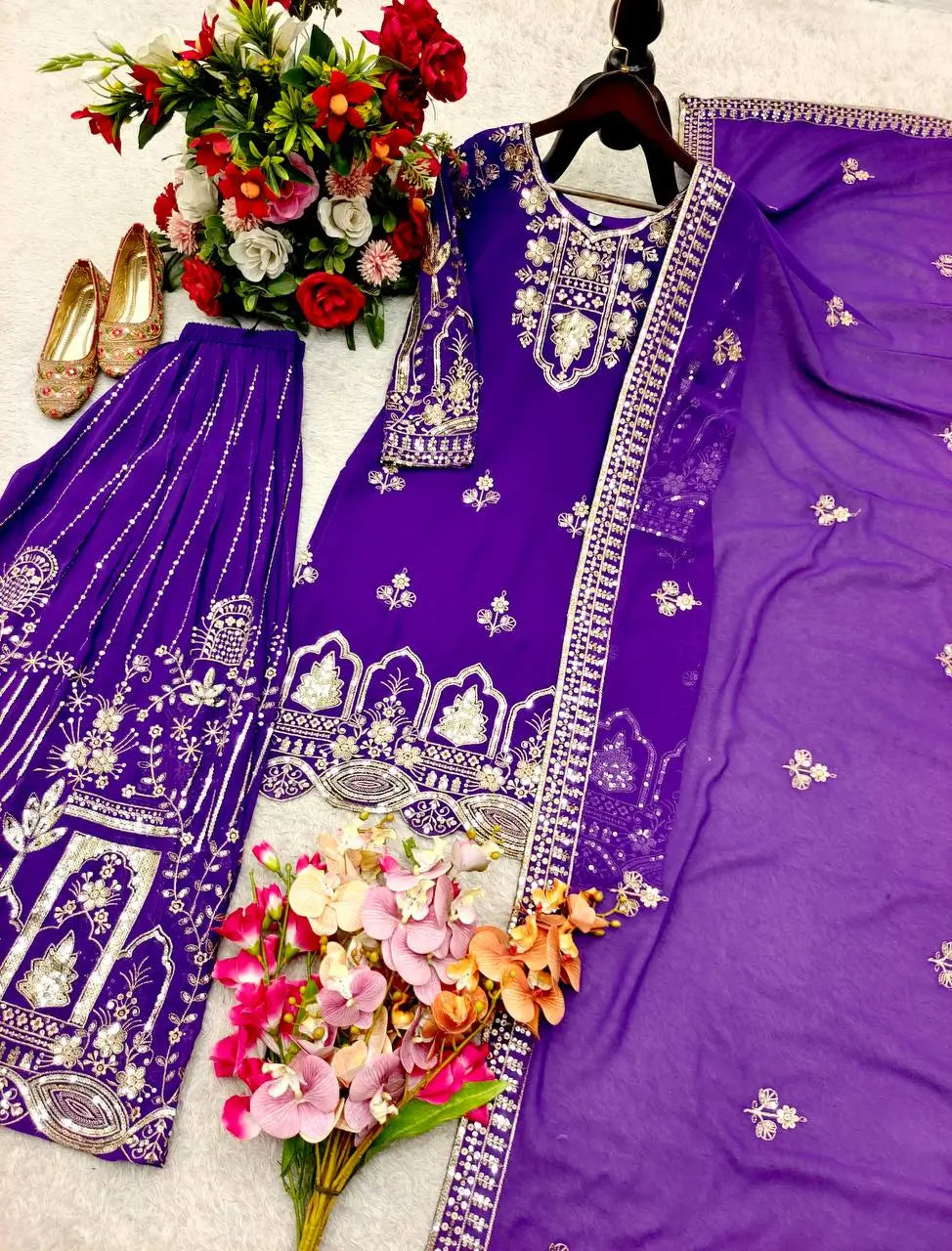 Embroidered Faux Georgette Kurti Palazzo Set With Dupatta