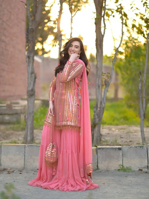 Embroidered Faux Georgette Kurti Palazzo Set With Dupatta