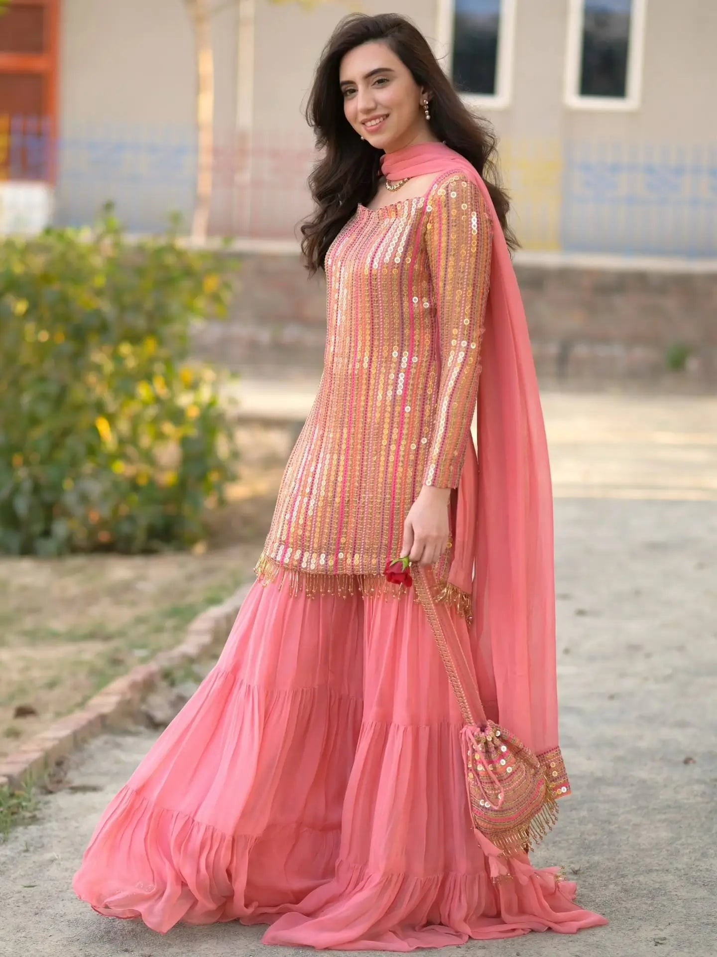 Embroidered Faux Georgette Kurti Palazzo Set With Dupatta