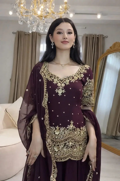 Embroidered Faux Georgette Kurti Palazzo Set With Dupatta