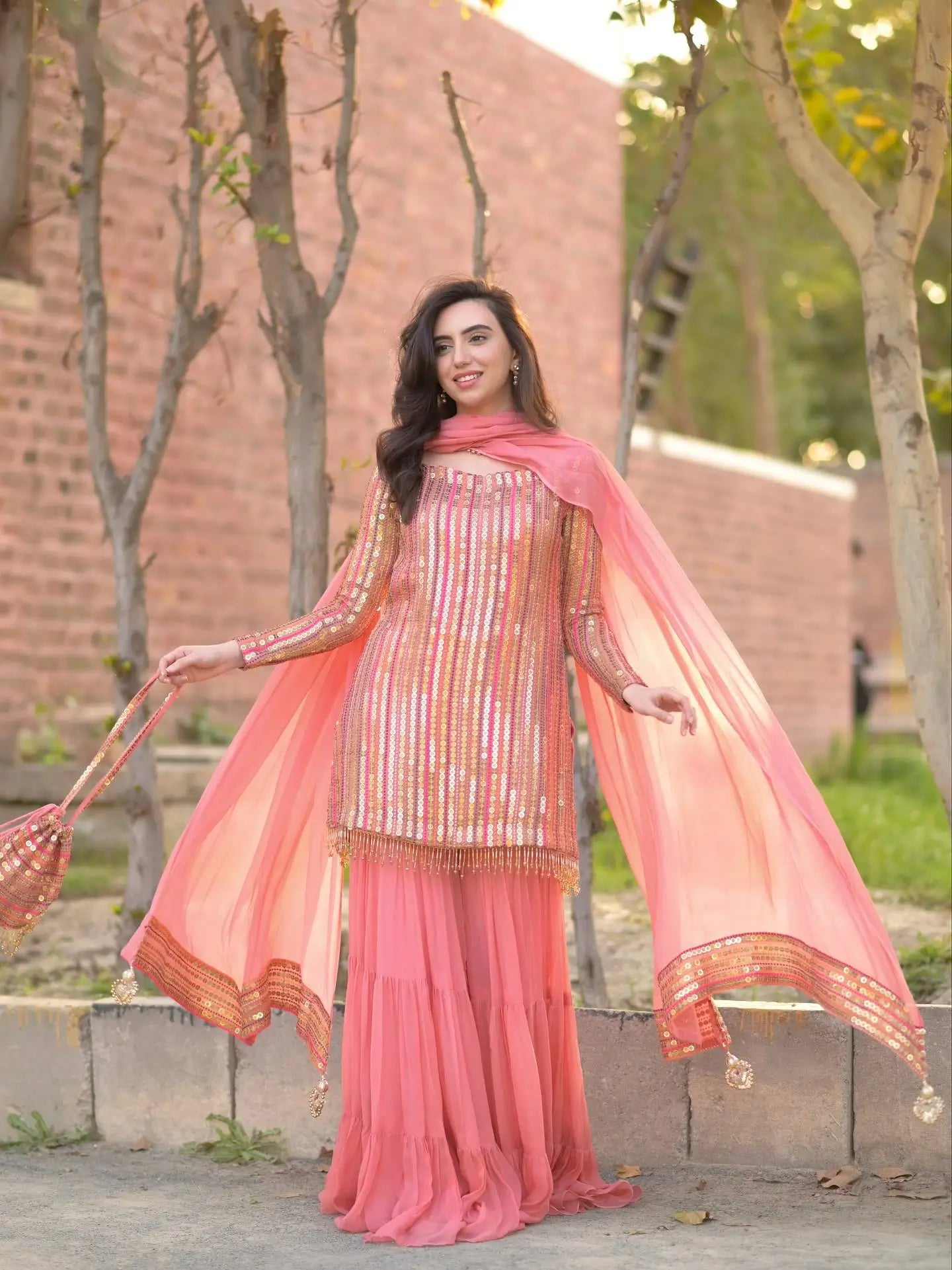 Embroidered Faux Georgette Kurti Palazzo Set With Dupatta