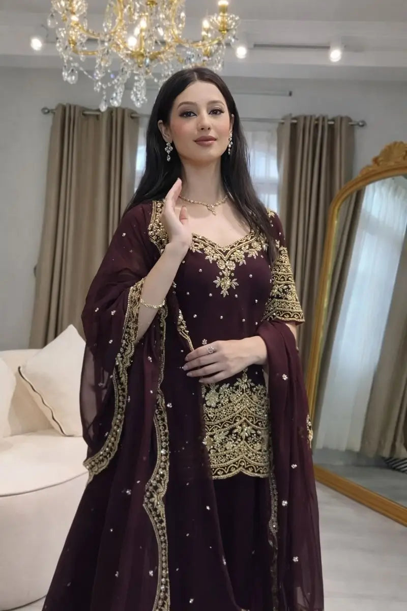 Embroidered Faux Georgette Kurti Palazzo Set With Dupatta