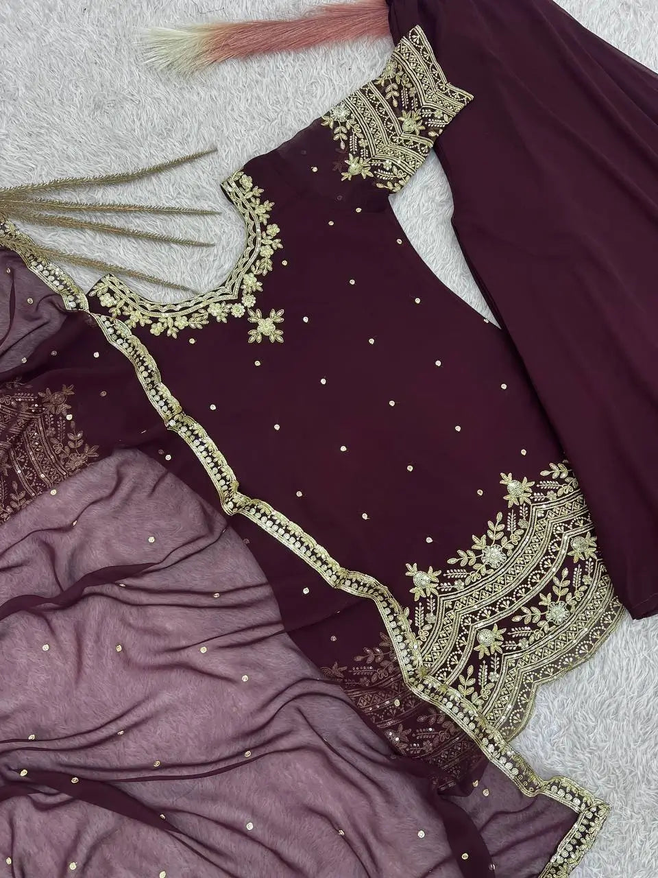 Embroidered Faux Georgette Kurti Palazzo Set With Dupatta