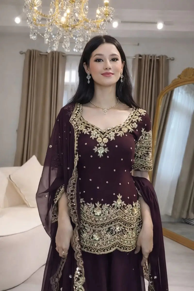 Embroidered Faux Georgette Kurti Palazzo Set With Dupatta