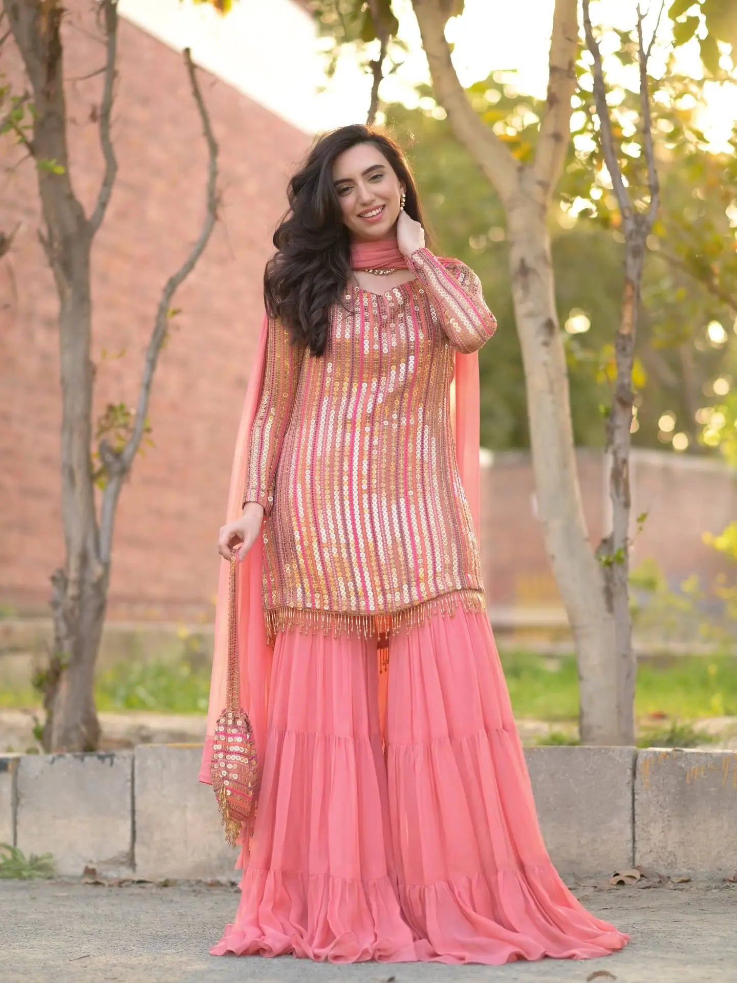 Embroidered Faux Georgette Kurti Palazzo Set With Dupatta