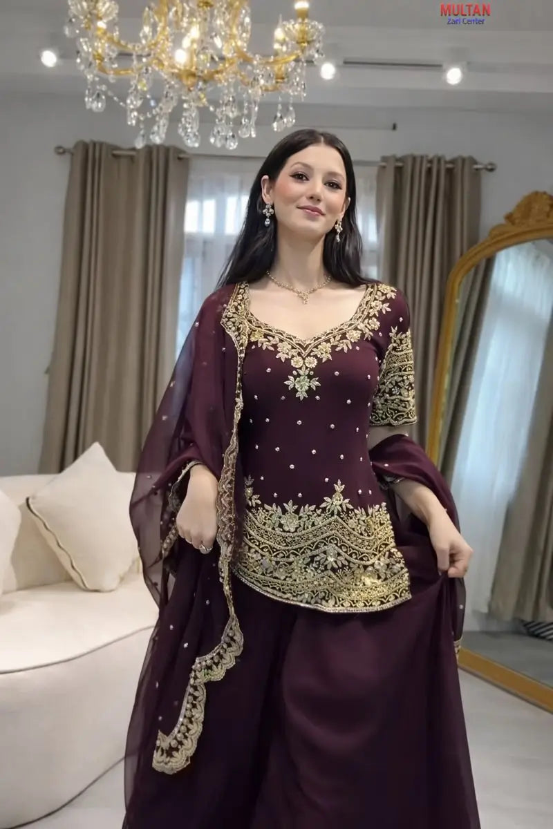 Embroidered Faux Georgette Kurti Palazzo Set With Dupatta