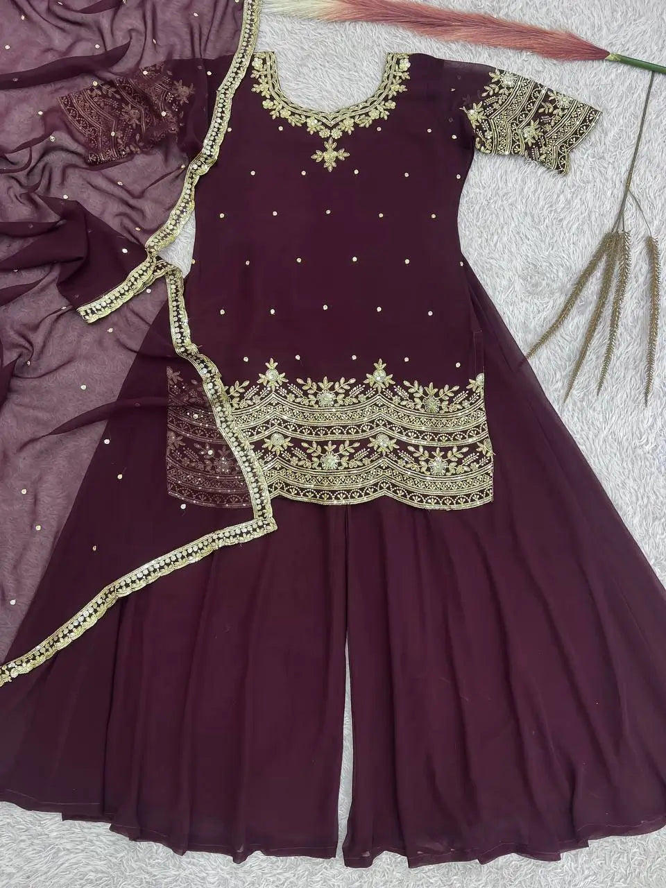Embroidered Faux Georgette Kurti Palazzo Set With Dupatta