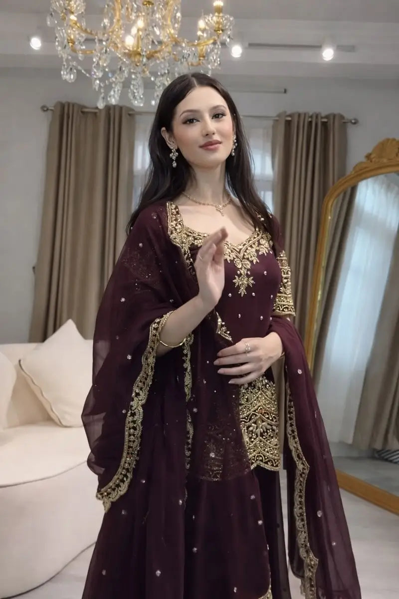 Embroidered Faux Georgette Kurti Palazzo Set With Dupatta