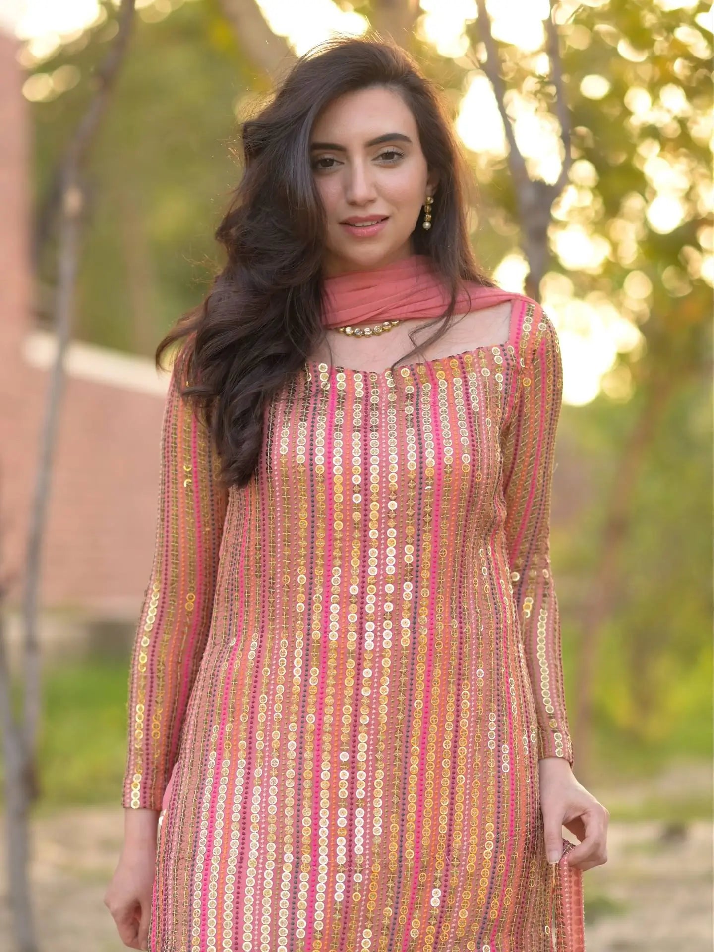 Embroidered Faux Georgette Kurti Palazzo Set With Dupatta