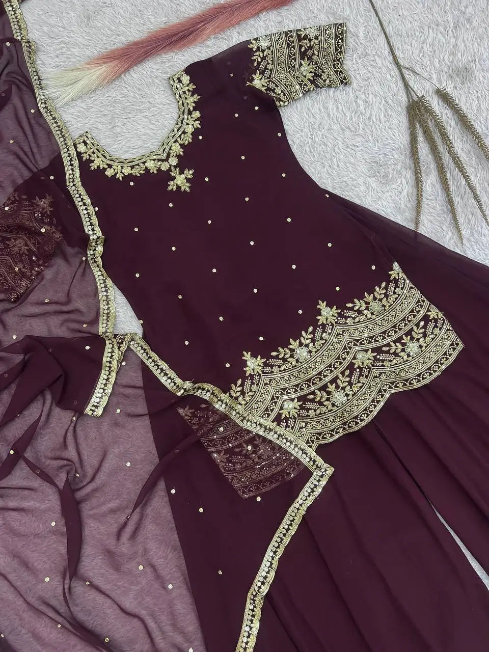 Embroidered Faux Georgette Kurti Palazzo Set With Dupatta