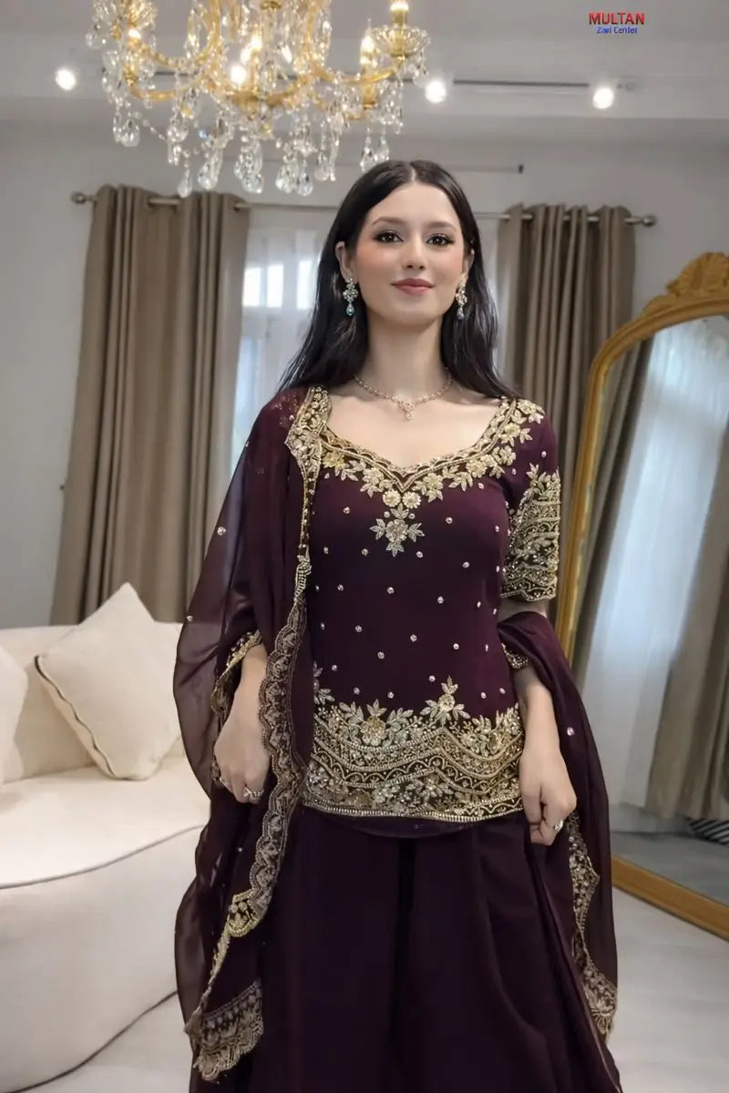 Embroidered Faux Georgette Kurti Palazzo Set With Dupatta
