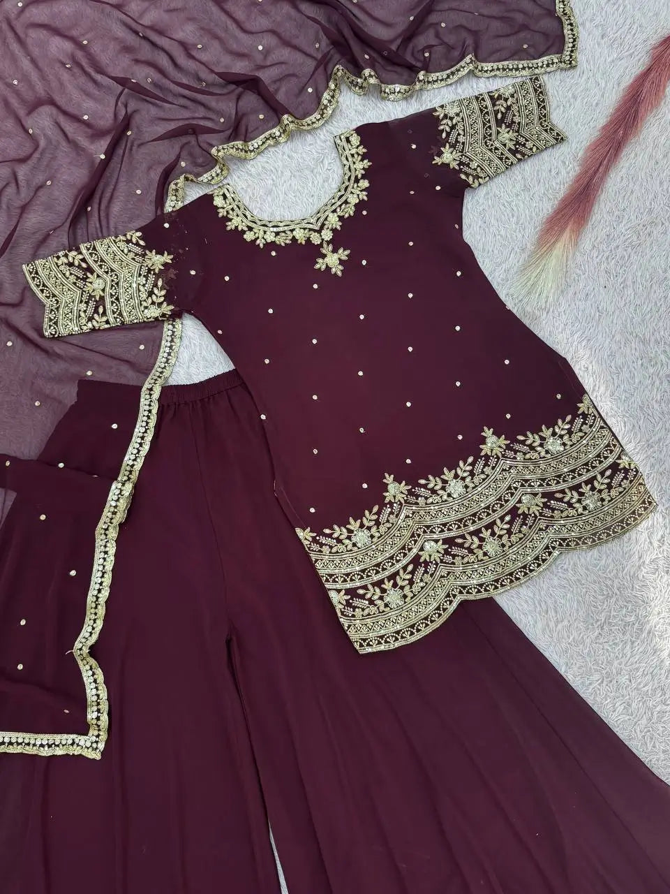 Embroidered Faux Georgette Kurti Palazzo Set With Dupatta