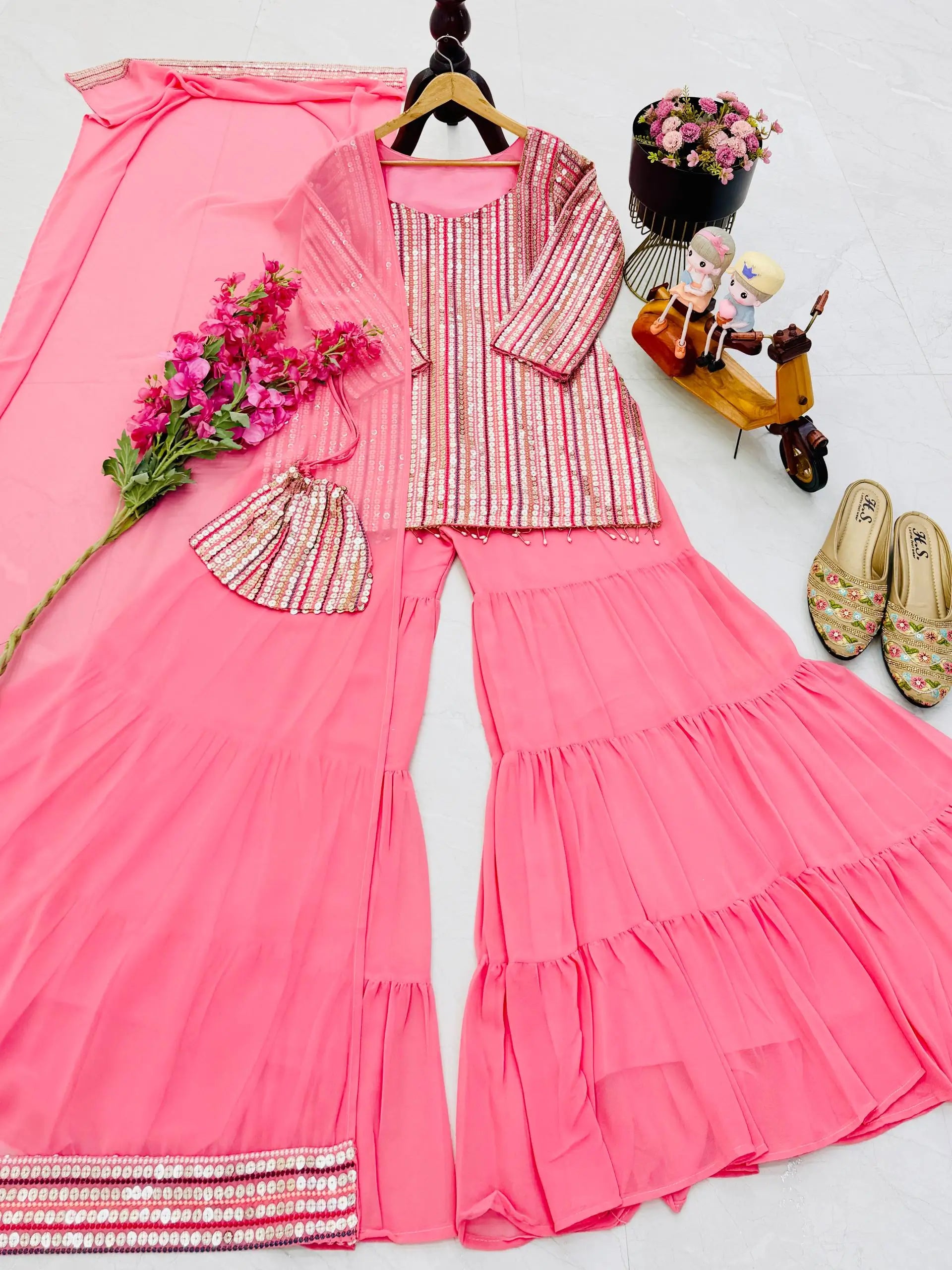 Embroidered Faux Georgette Kurti Palazzo Set With Dupatta