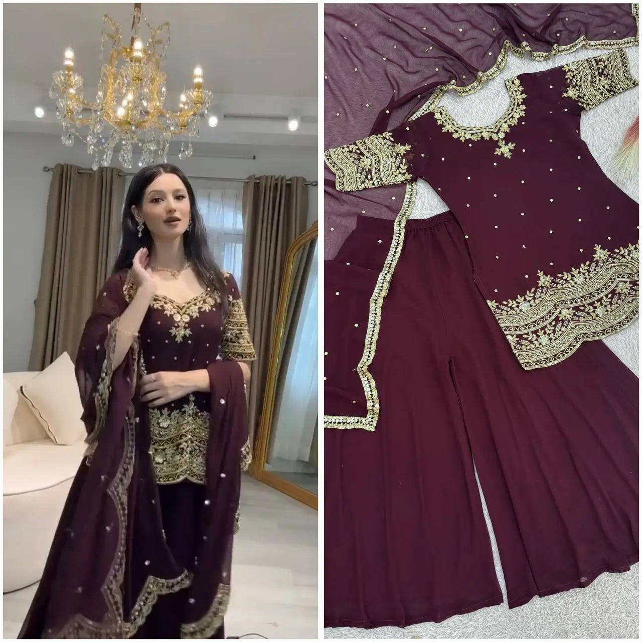 Embroidered Faux Georgette Kurti Palazzo Set With Dupatta
