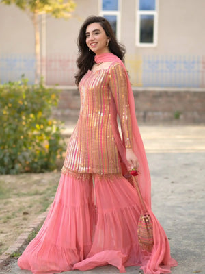 Embroidered Faux Georgette Kurti Palazzo Set With Dupatta
