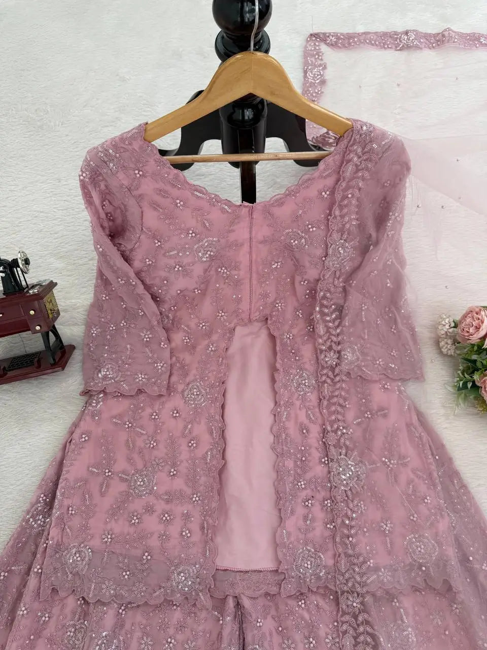 Embroidered Faux Georgette Kurti Palazzo Set with Butterfly Net Dupatta