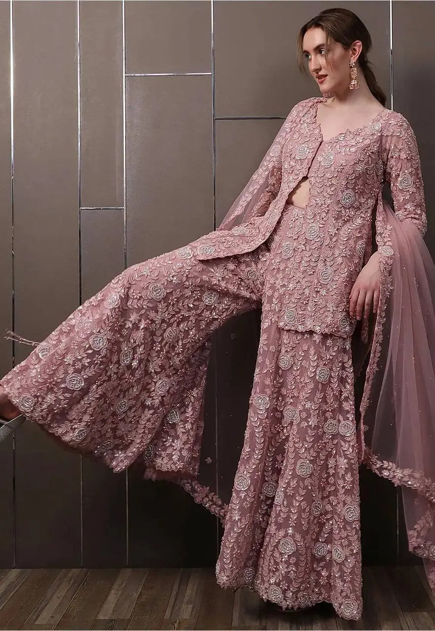 Embroidered Faux Georgette Kurti Palazzo Set with Butterfly Net Dupatta