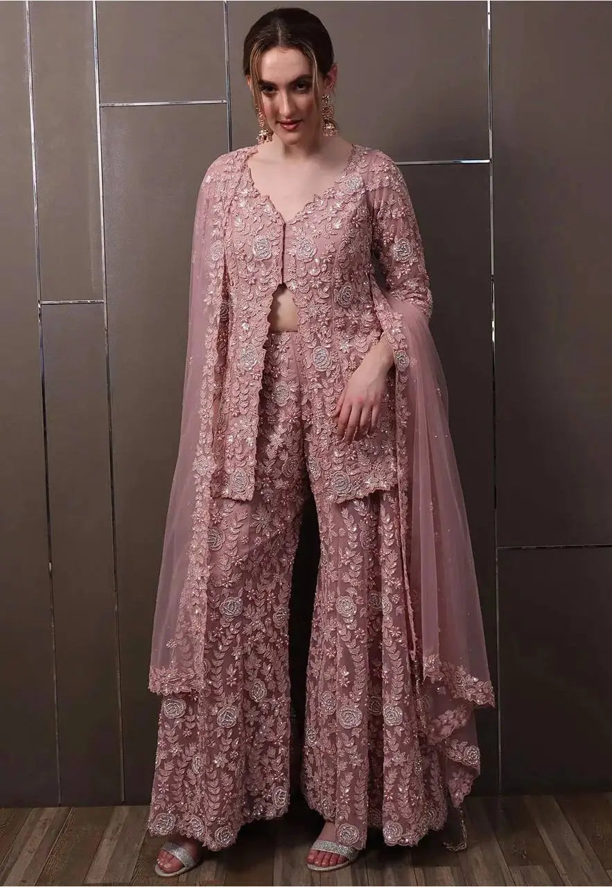 Embroidered Faux Georgette Kurti Palazzo Set with Butterfly Net Dupatta